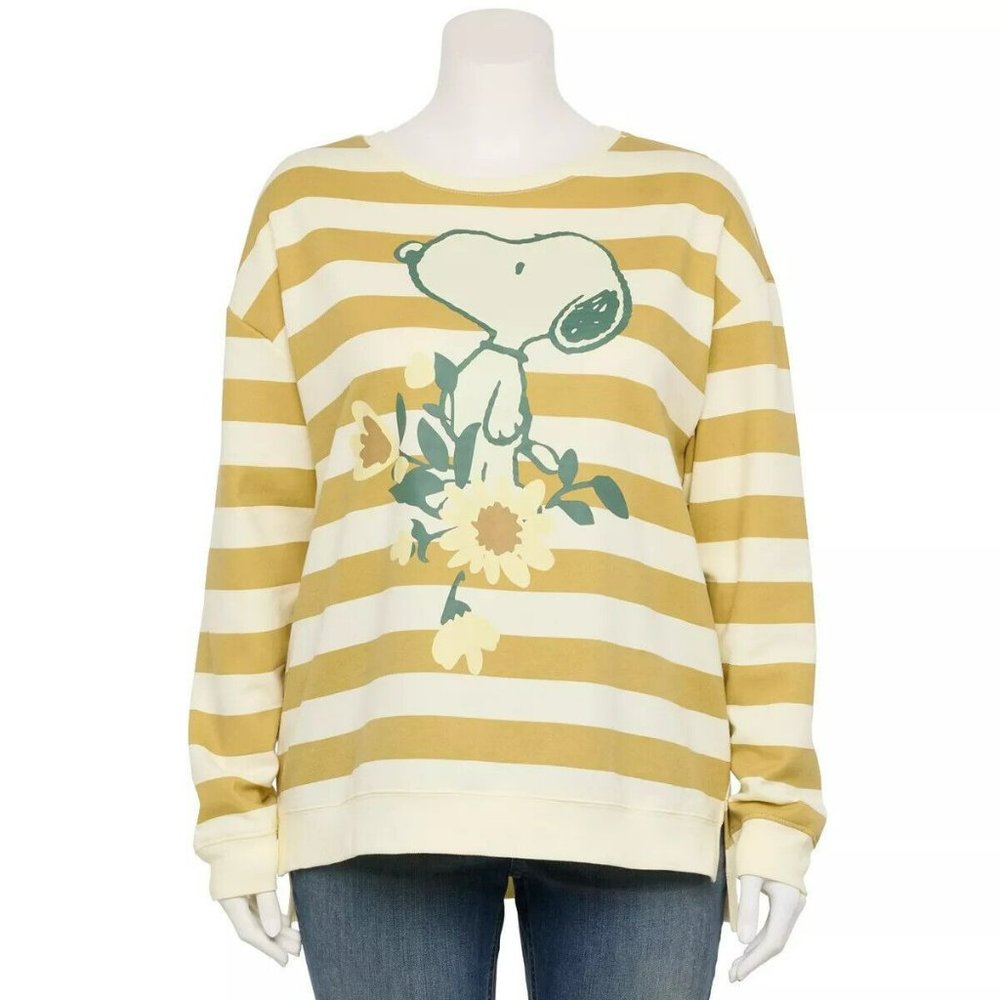 Peanuts Snoopy Flower Graphic Striped Yellow Sweatshirt Women's Plus Size 1X